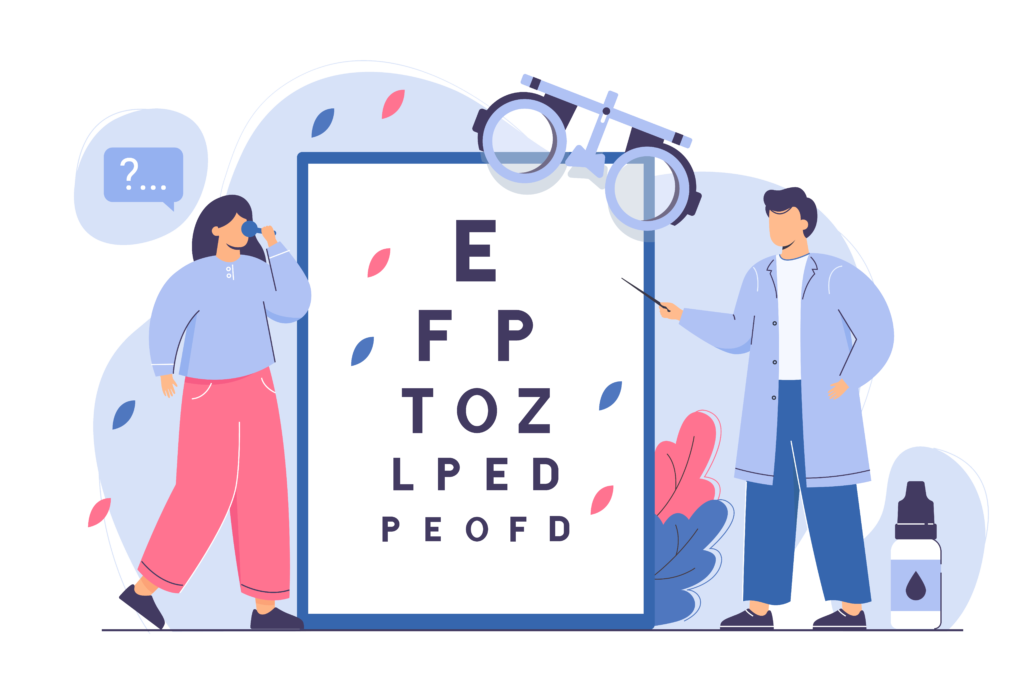 illustration of optometrist checking eyesight of patient with an eye test chart