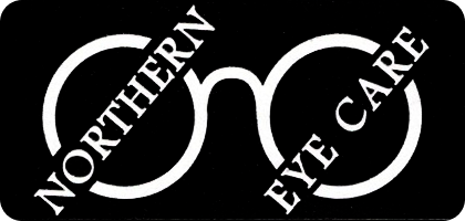 Northern Eye Care logo - white glasses silhouette on black background with the words Northern Eye Care on the glasses